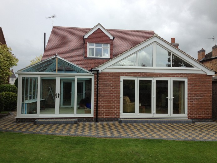 Conservatory Installation with Gable Windows and Patio Doors Installed